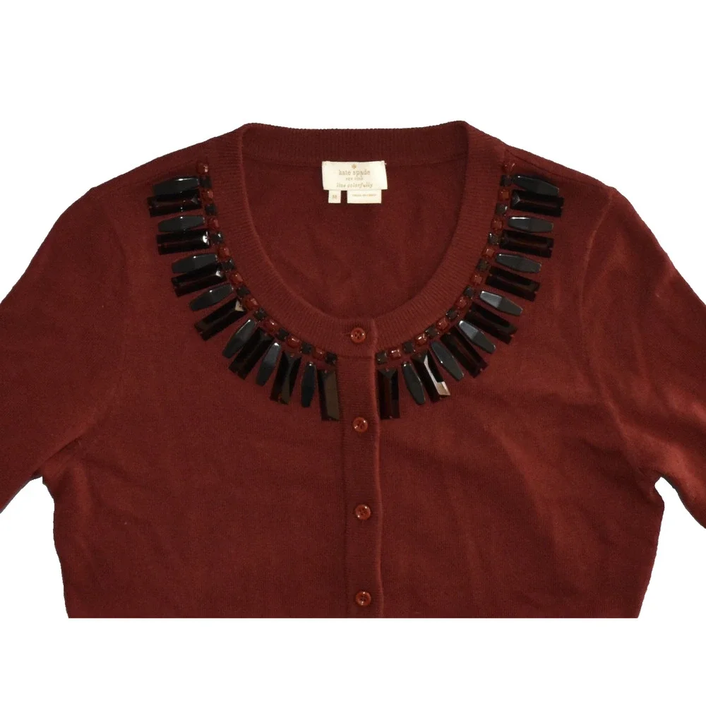 B0 Auth KATE SPADE Burgundy Wool/Cashmere Tiered Crystal & Bead Cardigan Size M